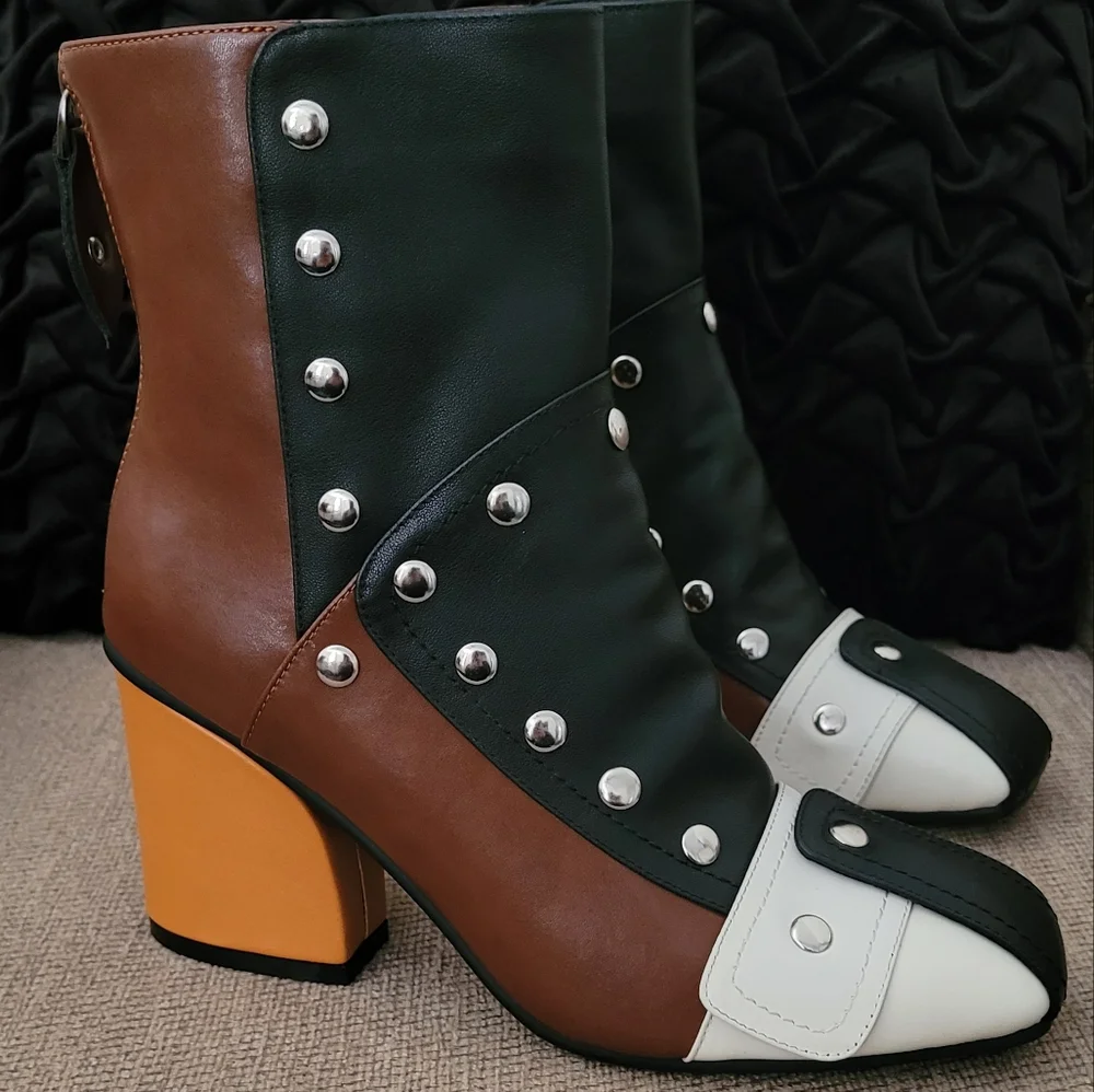 JOCHEBED HU GENUINE LEATHER RETRO STUDDED COLORBLOCK BOOTIES